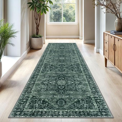 KOZYFLY Long Runners for Hallways 3x10 Ft Washable Kitchen Rug Faux Wool Printed Stair Runner Floor Carpet for Bedroom Entryway Stairs Kitchen Hall Indoor Use, Dark Green