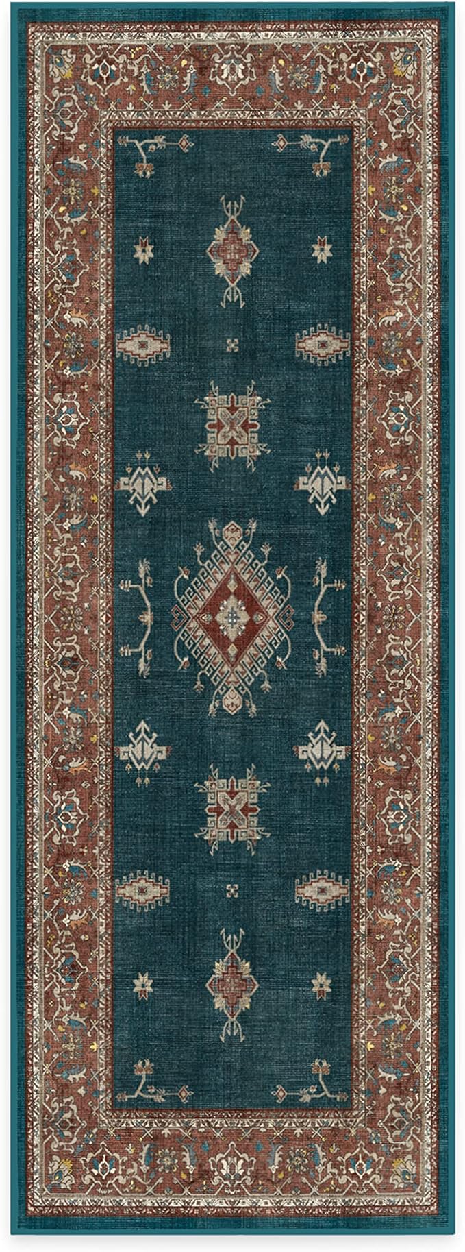 RUGGABLE Washable Vintage Runner Rug – Verena Teal Blue 2.5x7, Stain-Resistant, Non-Slip Hallway Runner – Machine Washable Rug for Hallway, Entryway, Living Room & Kitchen–with Cushioned Pad