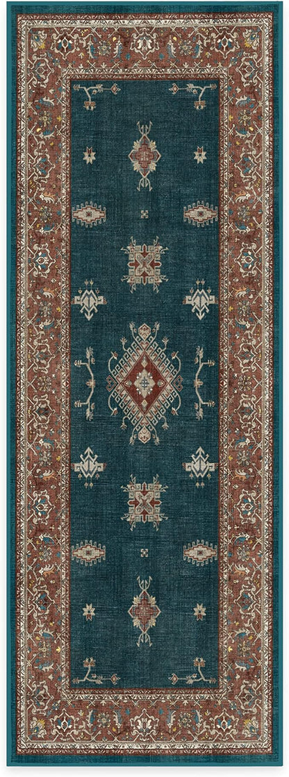 RUGGABLE Washable Vintage Runner Rug – Verena Teal Blue 2.5x7, Stain-Resistant, Non-Slip Hallway Runner – Machine Washable Rug for Hallway, Entryway, Living Room & Kitchen–with Cushioned Pad