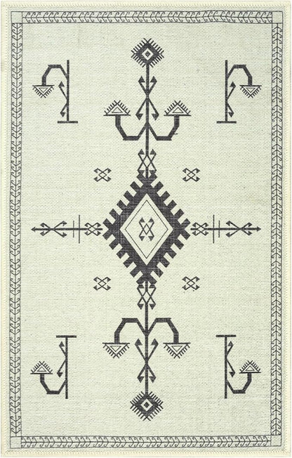 GLN Rugs Contemporary Collection - Machine Washable Area Rug, Contemporary Washable, Non Slip, Low Pile Chenille Rug, Living Room, Bedroom, Kitchen Rug (3' x 5' Cream/Anthracite)
