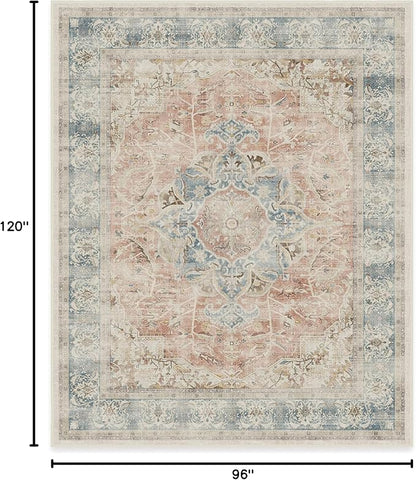 RUGGABLE Washable Vintage Area Rug – Sarrah Coral 8x10, Stain-Resistant, Non-Slip – Large Machine Washable Rugs for Living Room, Bedroom, Hallway, Entryway & Office–with Cushioned Pad