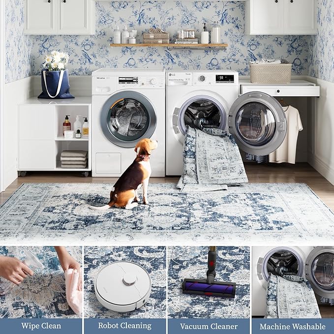 jinchan Hallway Runner Rug 3x7 Machine Washable Runner Rug Dark Blue Vintage Floral Design Non-Slip Low Pile Ultra-Thin for Kitchen Laundry Room Bedroom Farmhouse (3‘x7',Dark Blue)
