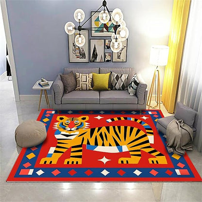 Jungle Animal Area Rug,4x6ft,Unique Design Tiger Print Rug With Geometric Pattern，Bohemian Style Animal Tiger Print Pattern Colorful Rug,Washable Non-Slip Rug for Living Room Classroom Nursery Decor