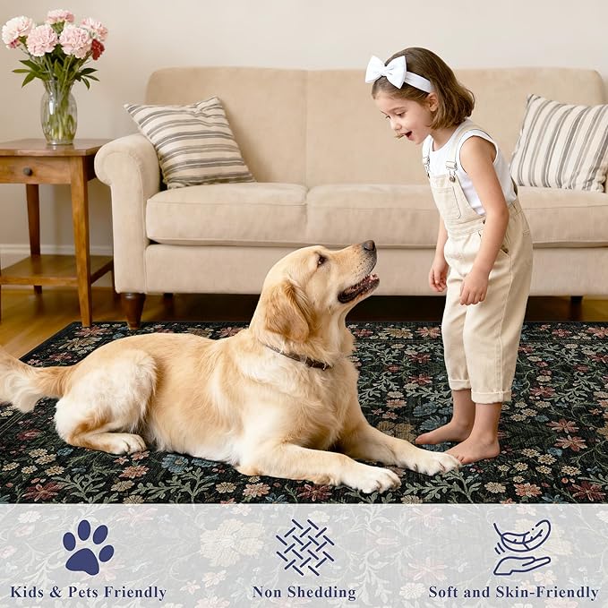 DUKINO 2x3 Entryway Rug, Floral Washable Area Rug with Non Slip Indoor Door Mat, Vintage Low Pile Small Front Door Throw Carpet for Kitchen, Entrance, Bathroom, Bedroom, Dark Blue