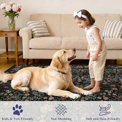 DUKINO 5x7 Area Rugs, Floral Washable Rugs for Bedroom with Non Slip Backing, Vintage Low Pile Indoor Floor Carpets for Bedroom, Living Room, Farmhouse, Home Office, Dining Room, Dark Blue