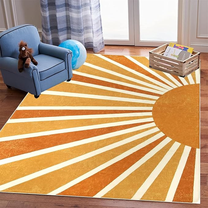 Rainbow Sun Area Rug,5x6ft,Boho Kids Room Area Rug, Living Room Decorative Rainbow Rug for Kids Girls Boys Bedroom, Living Room, Classroom, Office Non-Slip Washable