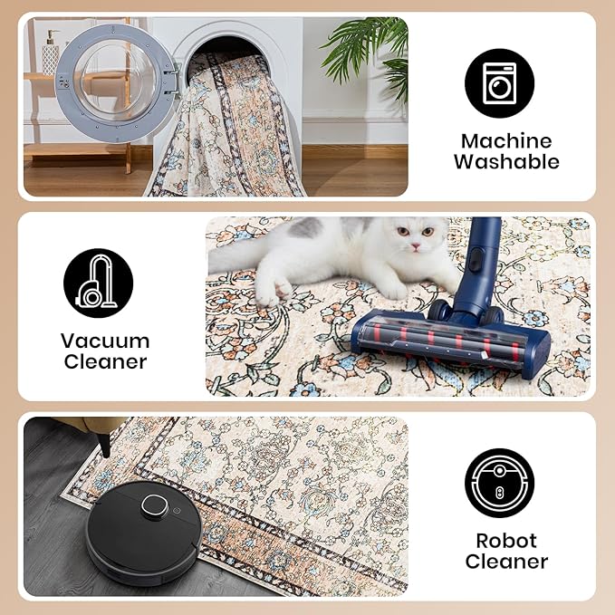 4x6 Washable Area Rug – Ivory and Beige Vintage Carpet with Charcoal Border, Floral Scroll&Geometric Lattice Pattern, Boho Non-Slip Indoor Mat for Living Room, Bedroom, Dining Room, Entryway
