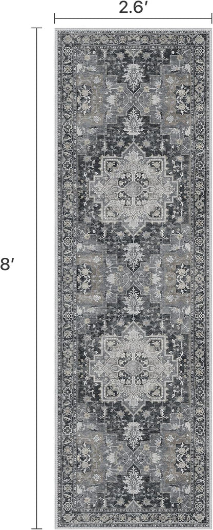 Runner Rug 2'6''x8, Machine Washable Runners, Non Slip Vintage Hallway Runner Rugs, Low Pile Lightweight Mat for Entryway, Hallway, Kitchen and Corridor, Dark Gray