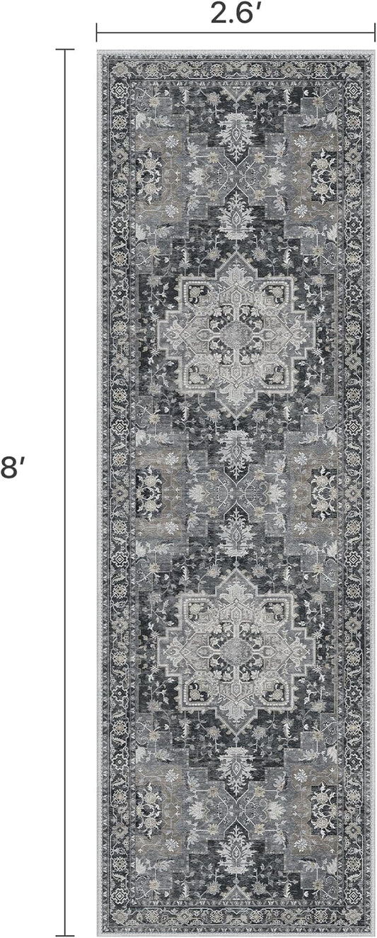 Runner Rug 2'6''x8, Machine Washable Runners, Non Slip Vintage Hallway Runner Rugs, Low Pile Lightweight Mat for Entryway, Hallway, Kitchen and Corridor, Dark Gray