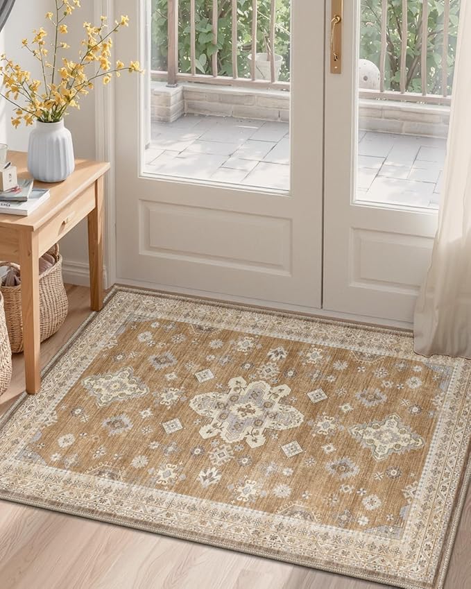 DEXI Area Rugs for Entryway 2'8"x4', Washable Low Pile Vintage Traditional Entry Rug Non Slip, Indoor Door Mat for Bedroom Kitchen Entrance Hallway, Light Brown