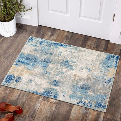 Lahome Modern Abstract Kitchen Rug - 2x3 Washable Small Front Doormat Soft Throw Rugs for Entryway Non-Slip, Contemporary Faux Wool Floor Indoor Carpet for Bathroom, Blue/Yellow/Ivory
