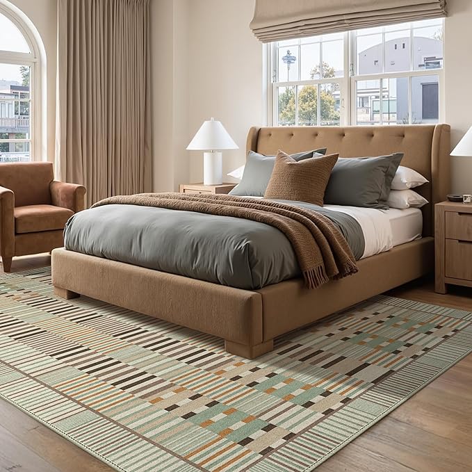 GENIMO Machine Washable 5x7 Area Rugs for Living Room, Non Slip Vintage Rugs, Low Pile Lightweight Chenille Print Rug for Bedroom, Dining Room, Home Office, Taupe Sage