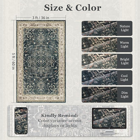 Farmhouse Distressed 3x5 Area Rugs for Entryway Foyer, Washable Non Slip Low Pile Throw Rugs for Kitchen, Vintage Medallion Pinted Carpet for Bedroom/Bathroom/Home Office, Midnight/Multi