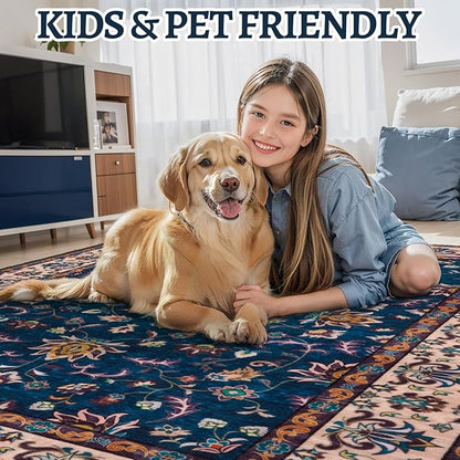 Tangsoo 2x3 Washable Rugs for Entryway, Small Area Vintage Floral Rug Non-Slip Soft Low Pile Rugs, Small Carpet Door Mat, Front Door Indoor Throw Rug for Entrance Kitchen Entry, Home Decor Navy Blue