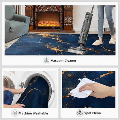 2x3 Abstract Marble Rugs for Entryway - Dark-Blue-Marble Small Area Rugs, Luxury Stone Pattern Laundry Room Carpet Non Slip Accent Throw Rug for Bathroom Kitchen Sink Front Door