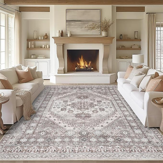 zesthome 8x10 Area Rugs for Living Room,Non-Slip Backing Washable Rugs,Vintage Large Area Rug，Stain Resistant Home Decor Rug (Brown/Beige,8'x10')