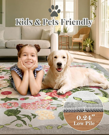 Floral Bedroom Rug - 4x6 Washable Area Rugs Non-Slip Soft Low-Pile Stain Resistant Carpet Flower Print Vintage Indoor Rug forLiving Room Dining Room Office Nursery Room, Grey