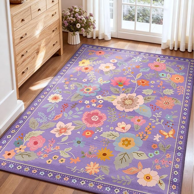 Floral 4x6 Area Rug Machine Washable Soft Print Boho Carpet Non Slip Doormat Low Pile Flower Area Rugs for Living Room Bedroom Nursery Kitchen Dining Room Indoor-Purple/Pink/Multi