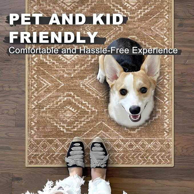 KILOCOCO Entryway Rug 3x5 Area Rug Boho Washable Non Slip Printed Throw Rugs Soft for Kitchen Living Room Dining Bedroom Geometric Moroccan Carpet, Yellow Brown Orange