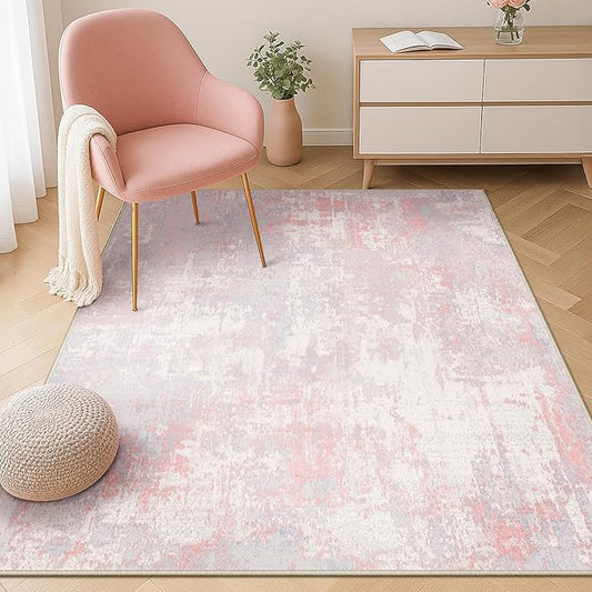 Washable Area Rugs 4'x5' Non-Slip Modern Abstract Soft for Living Room Entryway Bedroom Nursery, Print Pattern, Grey Pink