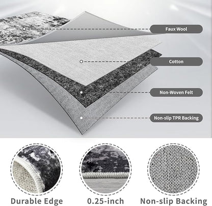 2x6 Washable Runner Rugs for Hallway: Easy-to-Clean Abstract Runners for Entryway Bedroom - Stain and Water Resistant Rugs with Non-Slip Backing - Soft Low-Pile Carpet Black Grey
