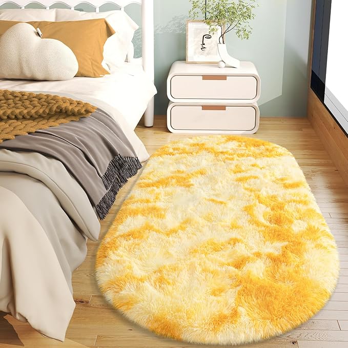 Soft Fluffy Area Rug for Bedroom, Fuzzy Shaggy Oval Throw Rugs for Bedside, Non-Slip Cozy Plush Shag Carpet for Kids Room Nursery Dorm Living Room, Tie Dye Yellow, 2.6 x 5.3 Feet, 2 Packs
