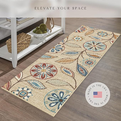 Maples Rugs Reggie Floral Runner Rug - Made in USA - Washable, Non Slip Indoor Carpet for Kitchen, Hallway, and Laundry Room, 2' x 6', Beige
