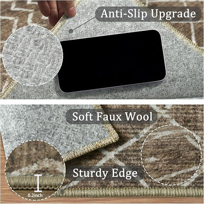 4x6 Machine Washable Area Rug for Living Room, Brown Vintage Moroccan Rug Large Non-Slip Low Pile Soft Faux Wool Carpet, Kids and Pets Friendly for Bedroom Dining Room Farmhouse Home Decor Rug