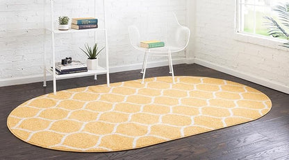 Rugs.com Lattice Frieze Collection Rug – 5' x 8' Oval Yellow Medium Rug Perfect for Living Rooms, Large Dining Rooms, Open Floorplans