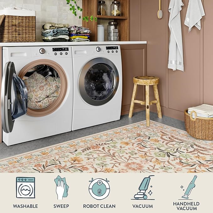 Lahome Fall Boho Washable Area Rugs 5x7 for Bedroom, Bohemian Brown Rugs for Living Room, Soft Floral Thin Carpet for Kids Room Apartment Dorm Home Decor, Ochre Fall