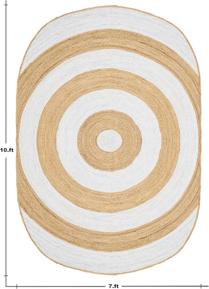 7x10 Oval Kilim Rug – Handmade Boho Oval Rug, Natural Jute, Solid White Beige, 0.27" Thick Flatweave, Hand Braided Carpet for Bedroom, Living Room, Dining Room