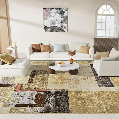 LOCHAS Rug for Living Room, Washable Soft Area Rugs for Bedroom 8x10, Abstract Carpet for Indoor Office Kids Dining Room Nursery Floor, Khaki Geometric Vintage Home Decor, Non Slip, Pet Child Friendly
