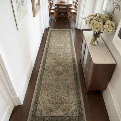 2'6''x8' Kitchen Runner Rug, Retro Distressed Moody Medallion Runners for Hallways Non Slip Washable, Low Pile Thin Entryway Runner Rug Indoor Foyer Mudroom Bedroom, Multi Brown/Olive