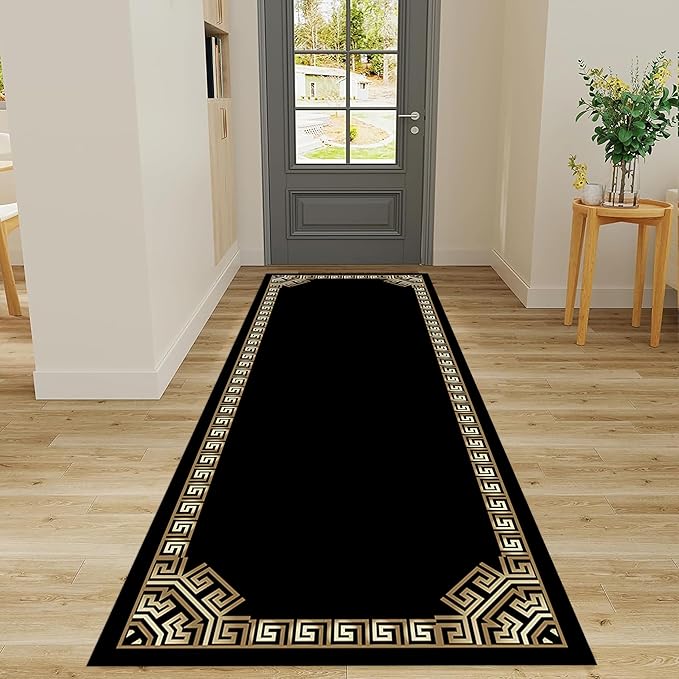 Greek Key Runner Rugs, 3.3x7ft, Vintage Traditional Tribal Black and Gold Color Stain Resistant Long Rug Runners, Entryways Non Slip Washable Sturdy Room Decor Mat for Kitchen Bedroom