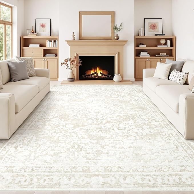 Vintage Living Room Area Rug - 8x10 Large Machine Washable Boho Area Rug Distressed Floral Rugs for Bedroom, Soft Non-Slip Indoor Floor Accent Rugs for Office Dining Room (Cream Beige, 8'x10')