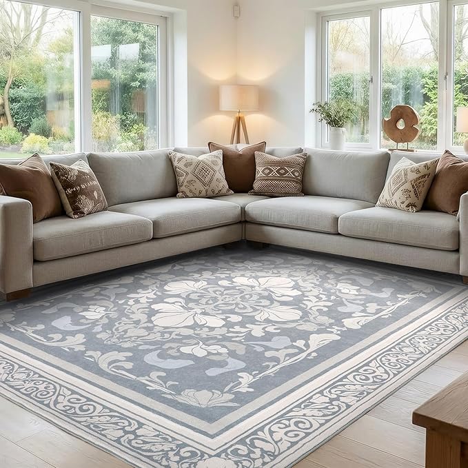 SOULFUL Medium Pile 3x5 Area Rug - Soft Foot Feel Small Entryway Rug - Greige Boho Floral - Washable Non-Slip - Perfect for Living Room Bedroom Foot Kids Room Reading Nook