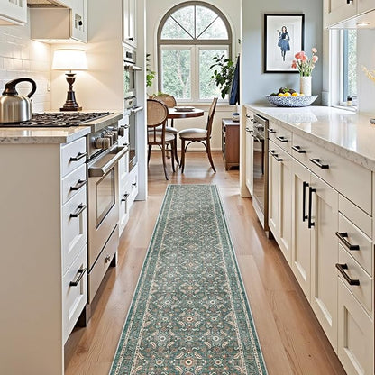 WITSHOCK 2x10 Long Runner Rug for Hallway,Washable Rug Distressed Boho for Bedroom Kitchen Entryway Indoor Entrance,Non Slip Runner Rugs with Rubber Backing（Teal Blue,2x10）