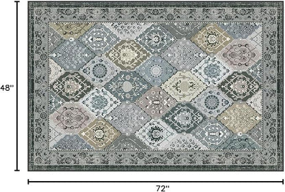 Phantoscope Washable Area Rug 4'x6' Non-Slip, Vintage Boho Rugs for Living Room, Bedroom, Dining Room, Distressed Moroccan Mosaic Diamond Pattern, Low-Pile Foldable Floor Carpet, Grey Charcoal