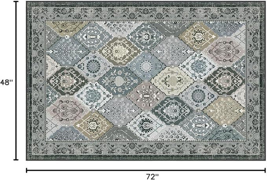 Phantoscope Washable Area Rug 4'x6' Non-Slip, Vintage Boho Rugs for Living Room, Bedroom, Dining Room, Distressed Moroccan Mosaic Diamond Pattern, Low-Pile Foldable Floor Carpet, Grey Charcoal