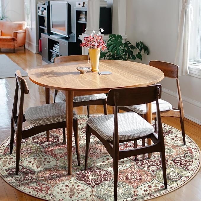 Lahome Moroccan Trellis Washable Round Rugs, Non-Slip Soft Round Rug 4ft Ultra-Thin, Small Vintage Circle Carpet for Entryway Kitchen Bedroom Nursery Bathroom, Orange/Terracotta