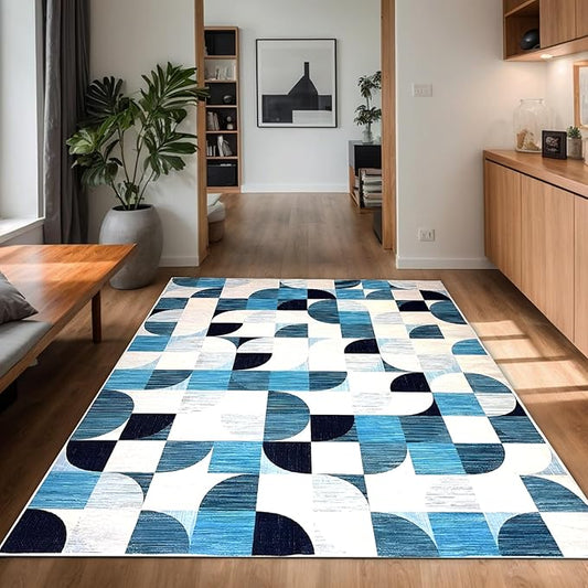 Modern Abstract Rugs Machine Washable, 4x6 Area Rugs for Bedroom Entryway Living Room Bedside Low-Pile, Boho Small Throw Floor Carpet Non Slip Soft Indoor Rug Ultra-Thin Navy Blue