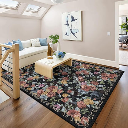 5x8 Machine Washable Area Rug for Living Room, Black Vintage Boho Floral Rug Large Non-Slip Low Pile Soft Faux Wool Carpet, Kids and Pets Friendly for Bedroom Dining Room Farmhouse Home Decor Rug