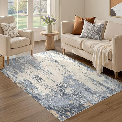 3x5 Area Rug Living Room Rugs - Washable Neutral Modern Abstract Soft Thin Rug Indoor Floor No Slip Rug Carpet for Bedroom Under Dining Table Home Office Decor - Blue/Light Brown