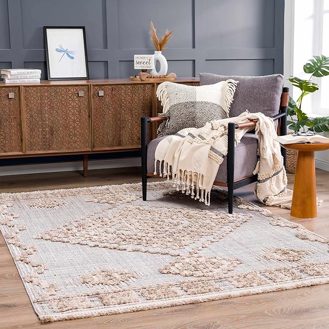 Hauteloom Ampusungan Modern Moroccan Medallion Farmhouse Living Room, Bedroom Area Rug - High Low - High Pile Carpet - Cream, Beige, Brown, Beige - 5'3" x 7'