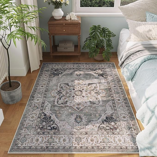 Rugcomf Vintage Medallion 4'x6' Rug - Machine Washable Area Rug, Non-Slip Low Pile Boho Carpet for Girl/Boys Room, Living Room, Kids, Entry - Grey and White