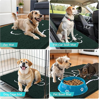OLANLY Dog Door Mat for Muddy Paws 30x20, Paw Print Design, Absorbs Moisture and Dirt, Absorbent Non-Slip Washable Doormat, Quick Dry Chenille Mud Mat, Entry Indoor Entryway Carpet, Blackish Green