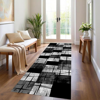 Distressed Checkered Runner Rugs, 2.6x7ft, Washable Runner Rug with Rubber Backing, Soft Vintage Geometric Black Grey Floor Carpet for Front Door Home Office