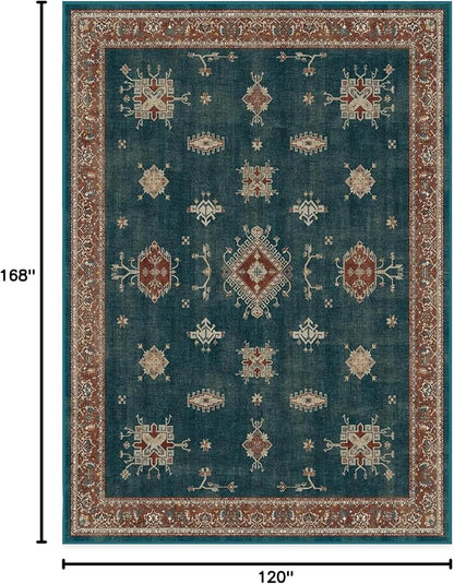 RUGGABLE Washable Vintage Area Rug – Verena Teal Blue 10x14, Stain-Resistant, Non-Slip – Large Machine Washable Rugs for Living Room, Bedroom, Hallway, Entryway & Office–with Standard Pad