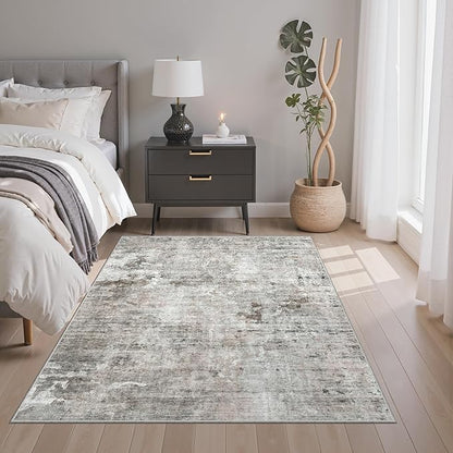 Area Rugs 4x6 for Living Room, Vintage Washable Rugs for Dining Room, Kitchen, Non-Slip Area Rug Pink Grey