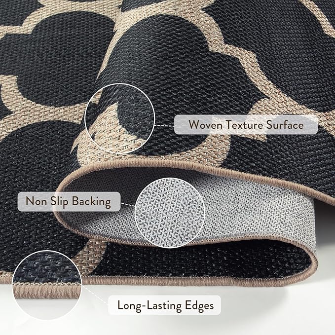 Lahome Moroccan Outdoor Rug 5x7, Easy Jute Black Washable Rugs for Patio Living Room, Geometric Trellis Woven Area Rug Non Slip for Backyard, Thin Non Shedding Farmhouse Carpet for Bedroom
